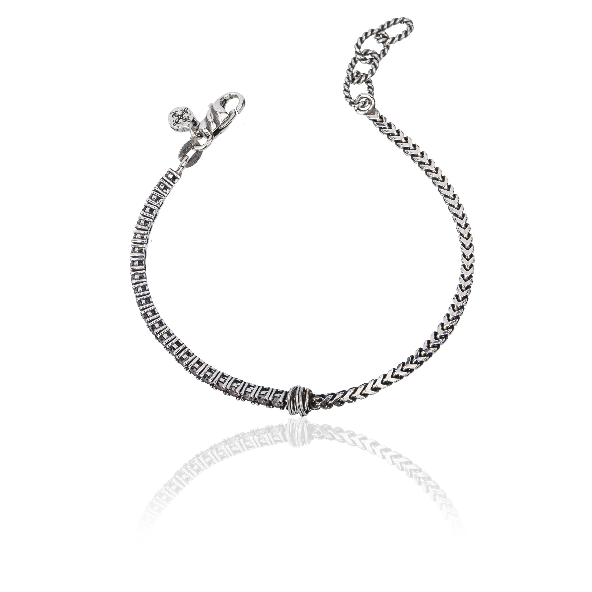 Bracciale uomo in argento 925, catena tennis di zirconi e maglia piatta.