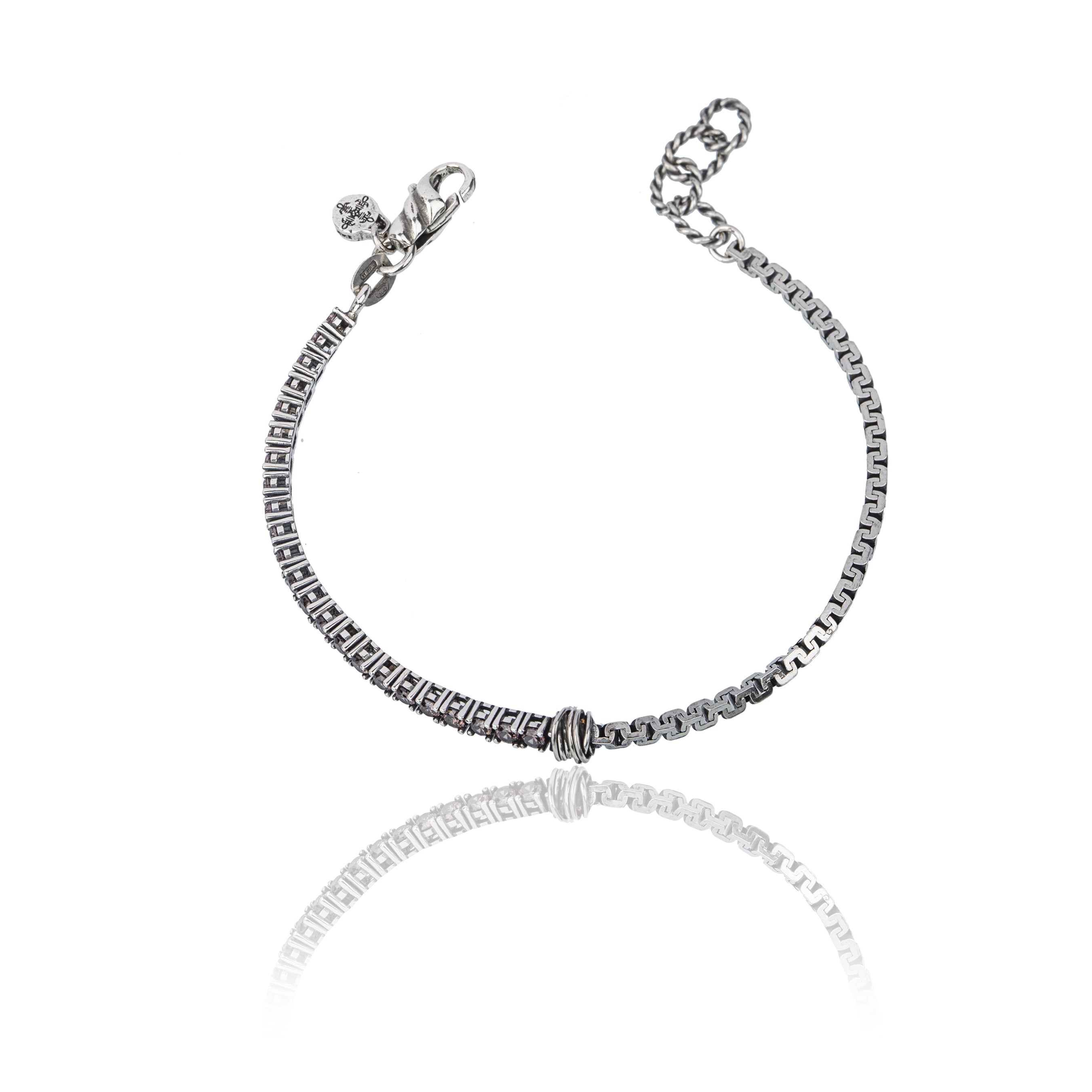 Bracciale uomo in argento 925, catena tennis di zirconi e maglia brunita.